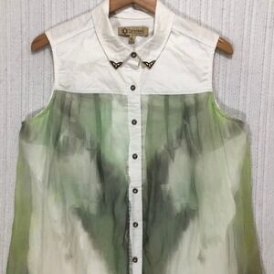 Democracy Womens Large Green White Watercolor Mixed Media Sleeveless Top